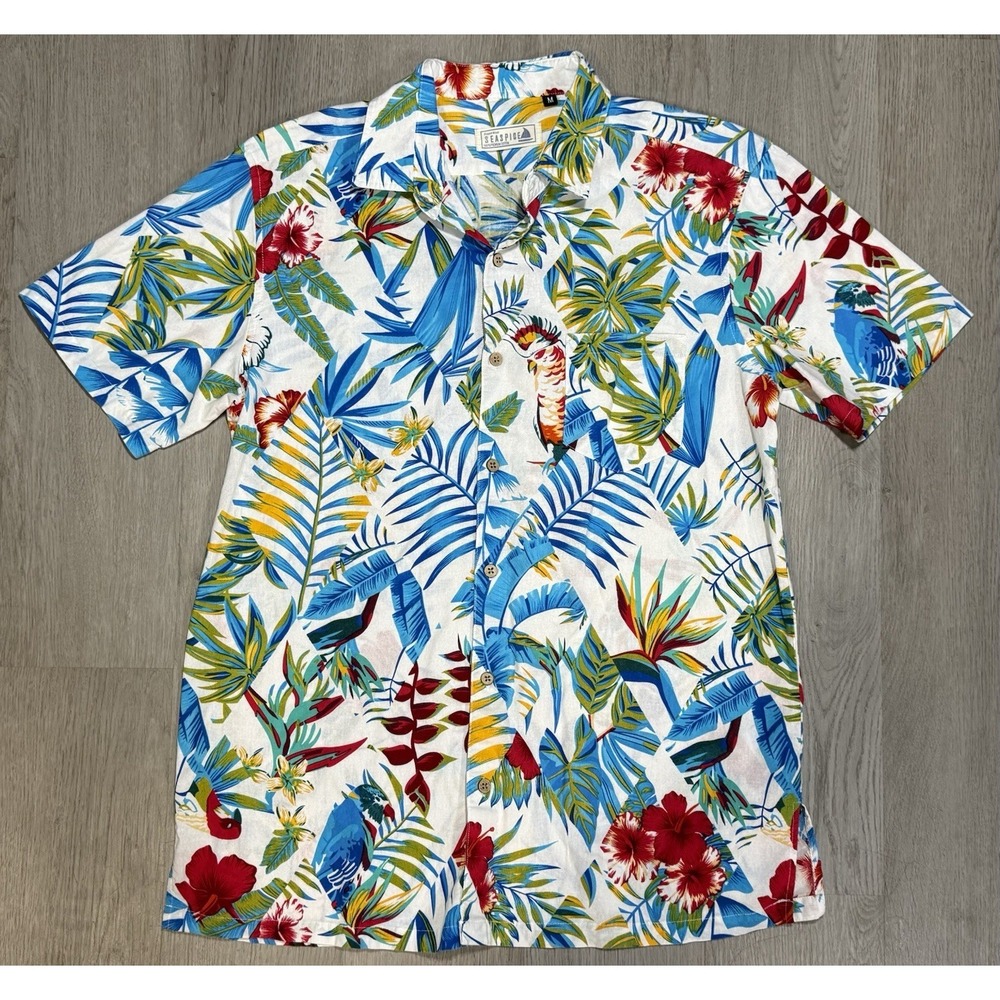 Seaspice Resort Wear Hawaiian Shirt Mens M Premium Blue White Floral Tropical